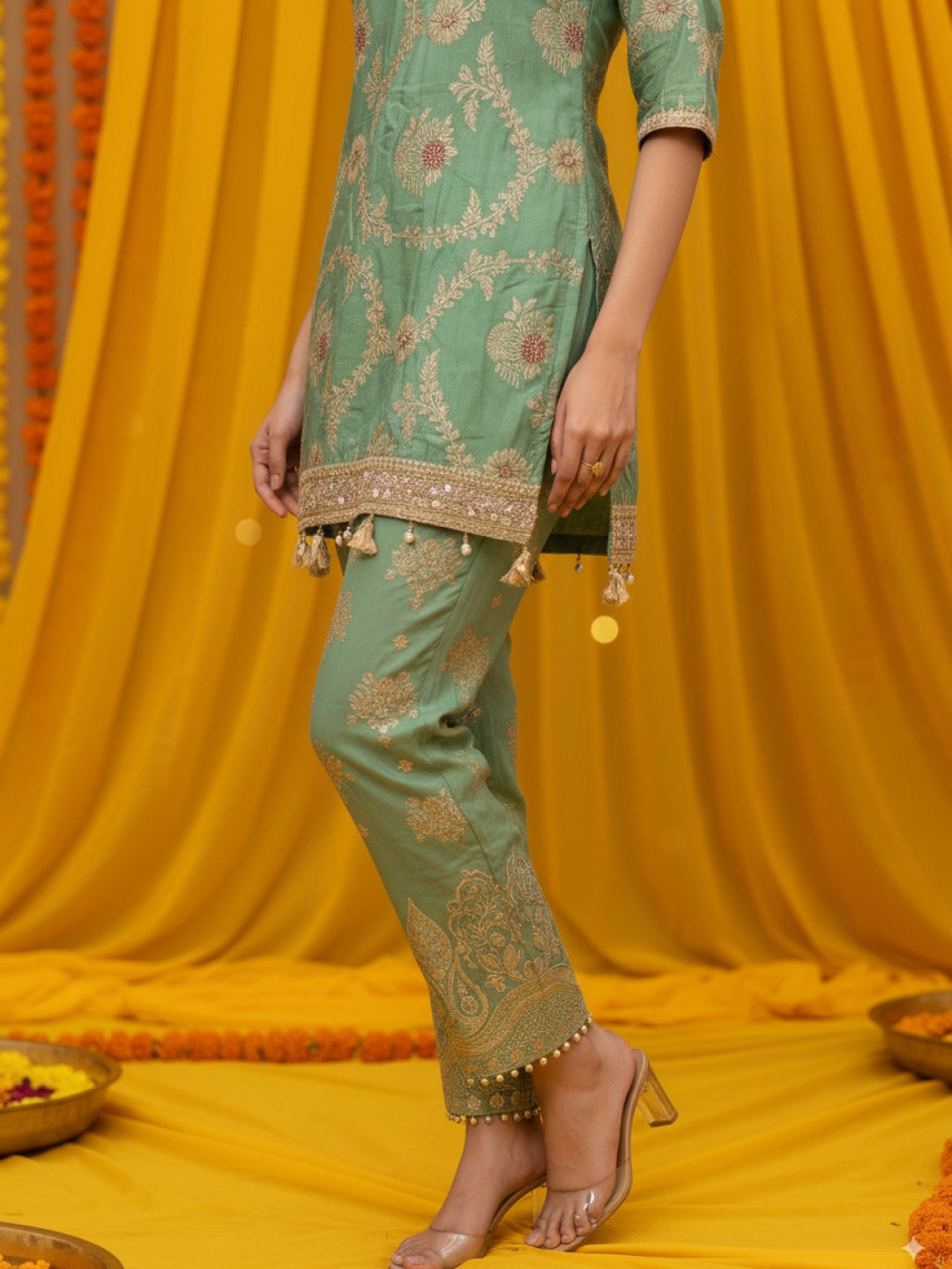 Banarasi Meenakari Straight Suit with Pearl, Mirror Embellishments & Tasseled Hemline