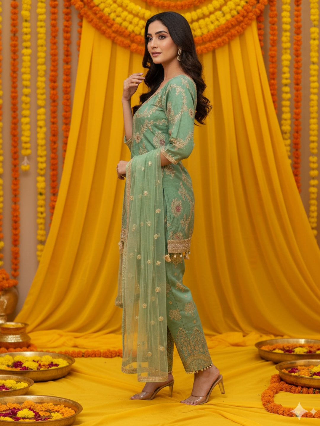 Banarasi Meenakari Straight Suit with Pearl, Mirror Embellishments & Tasseled Hemline