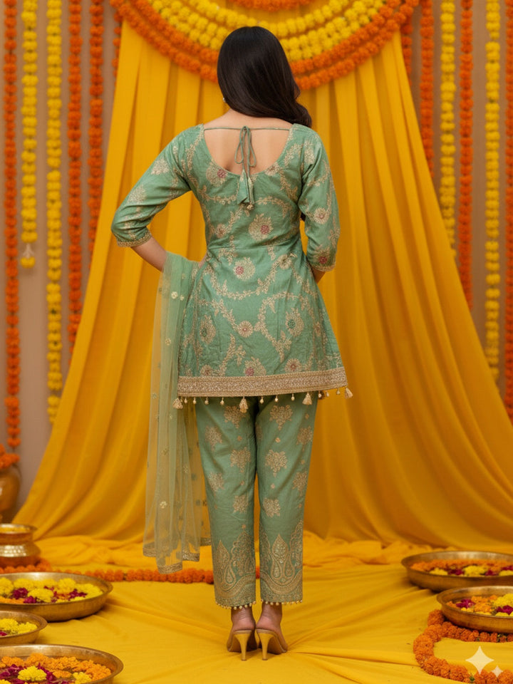 Banarasi Meenakari Straight Suit with Pearl, Mirror Embellishments & Tasseled Hemline
