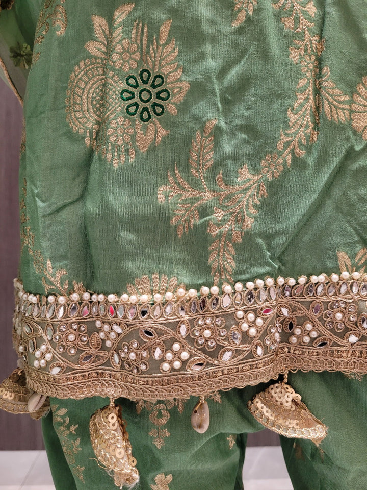 Banarasi Meenakari Straight Suit with Pearl, Mirror Embellishments & Tasseled Hemline