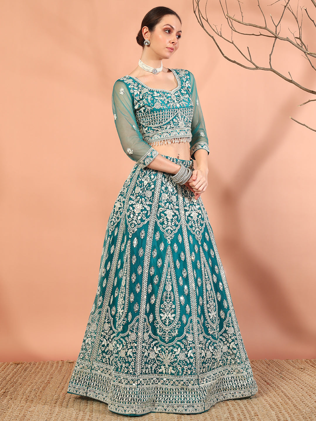 Festive Thread Embroidery & Mirror Work Tasseled Lehenga Set with Paisley Motifs