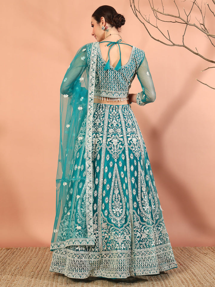 Festive Thread Embroidery & Mirror Work Tasseled Lehenga Set with Paisley Motifs