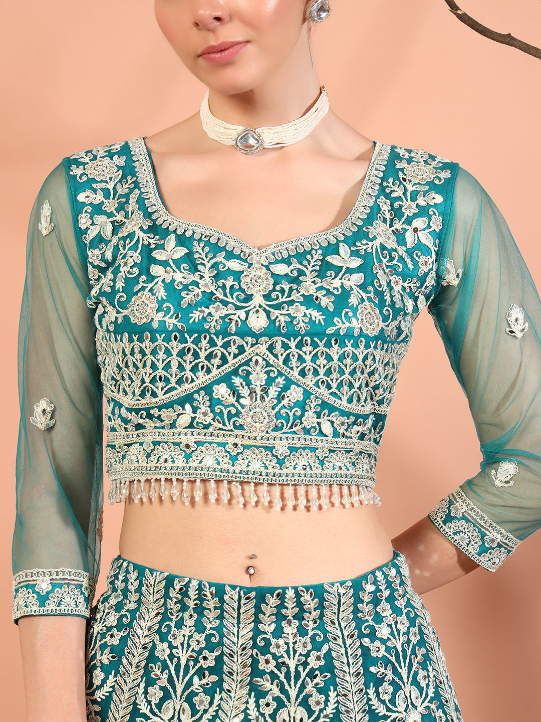 Festive Thread Embroidery & Mirror Work Tasseled Lehenga Set with Paisley Motifs
