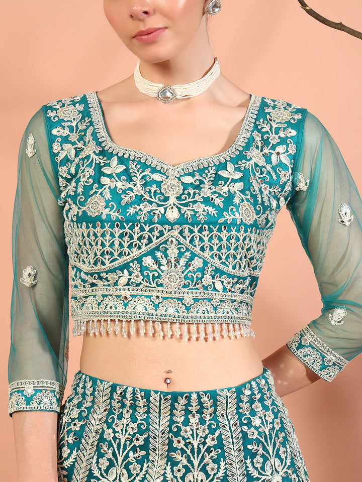 Festive Thread Embroidery & Mirror Work Tasseled Lehenga Set with Paisley Motifs