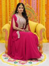 Embroidered Mirror Work Tasseled Crop Top with Pre-Draped Layered Skirt & Scalloped Cape