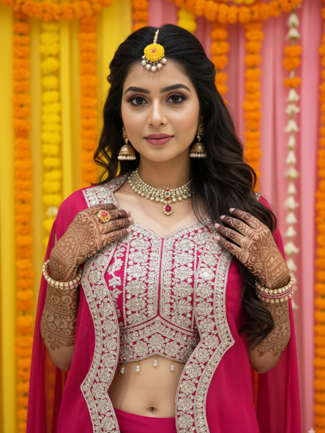 Embroidered Mirror Work Tasseled Crop Top with Pre-Draped Layered Skirt & Scalloped Cape