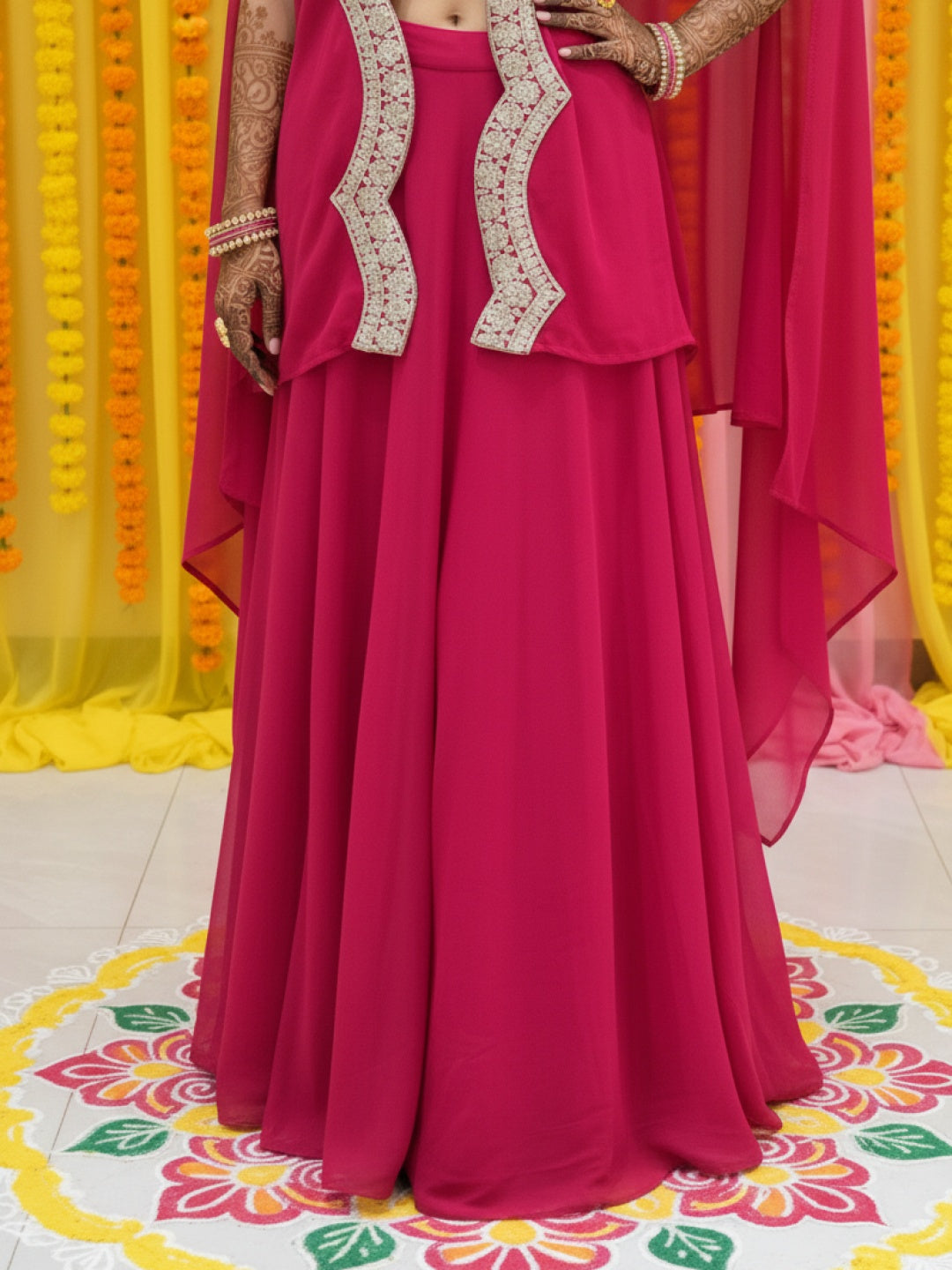 Embroidered Mirror Work Tasseled Crop Top with Pre-Draped Layered Skirt & Scalloped Cape