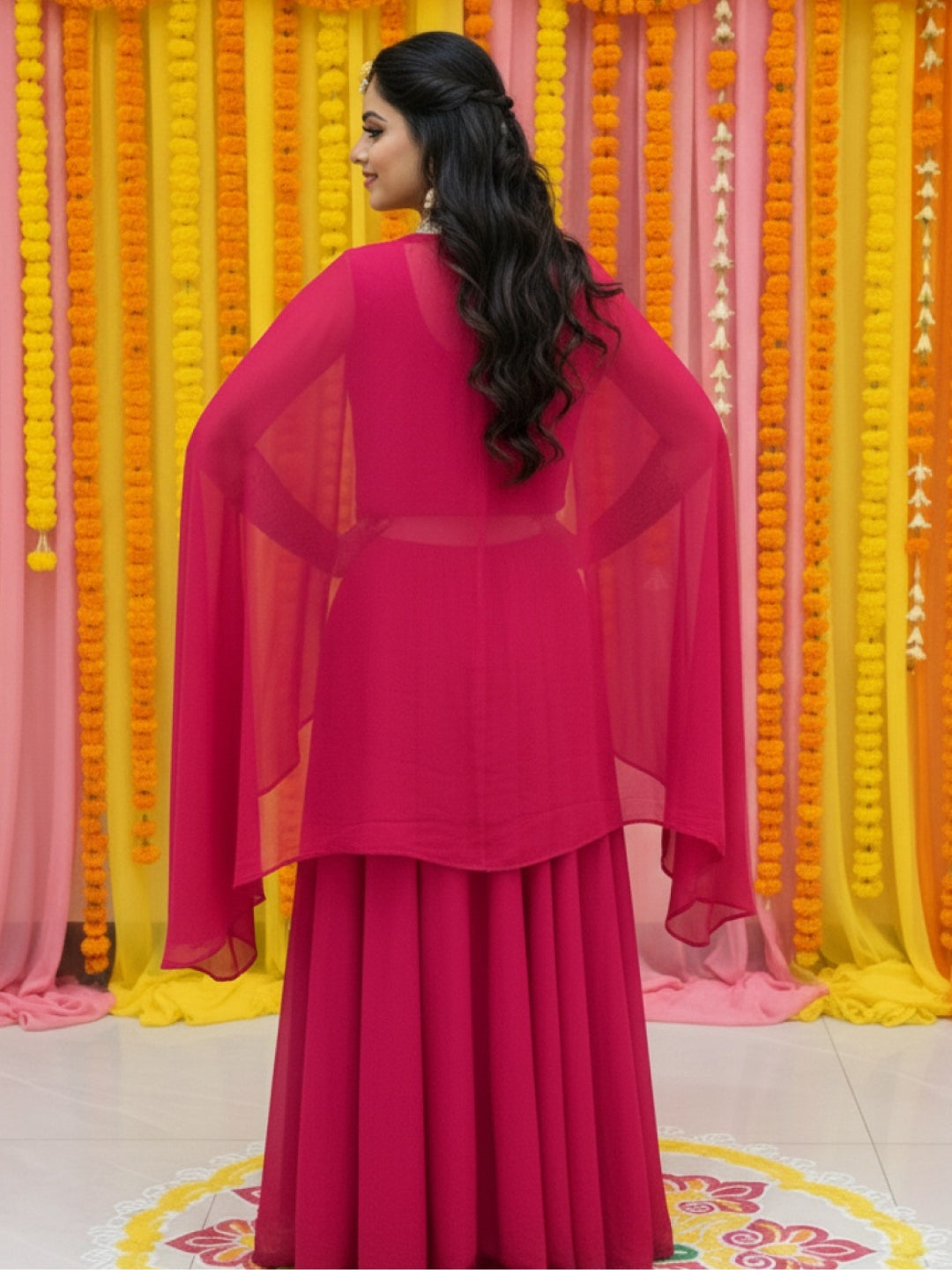 Embroidered Mirror Work Tasseled Crop Top with Pre-Draped Layered Skirt & Scalloped Cape