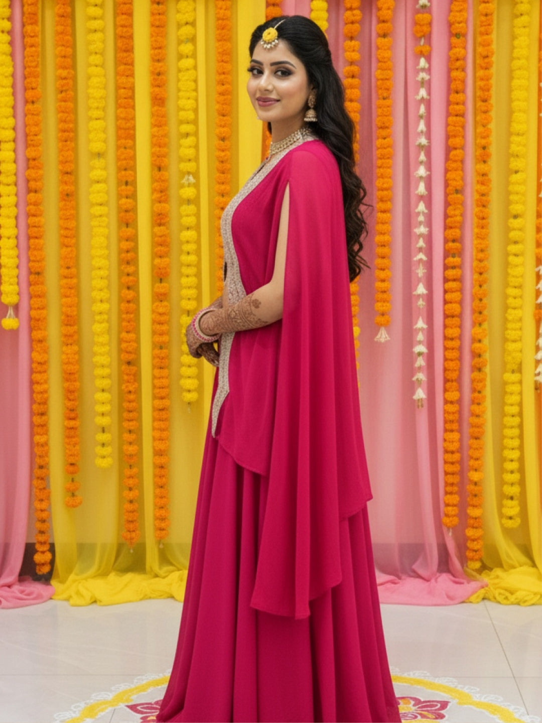Embroidered Mirror Work Tasseled Crop Top with Pre-Draped Layered Skirt & Scalloped Cape