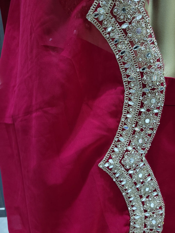 Embroidered Mirror Work Tasseled Crop Top with Pre-Draped Layered Skirt & Scalloped Cape