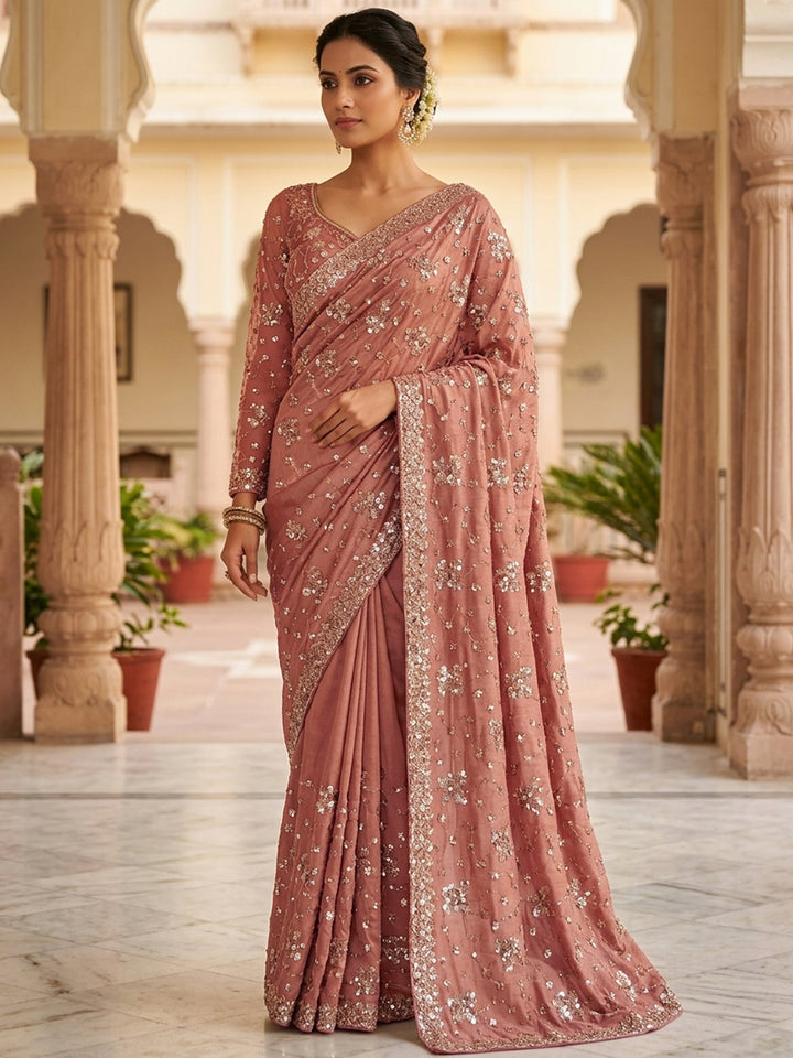 Dusty Pink Sequin Embroidered Georgette Saree with Stitched Blouse