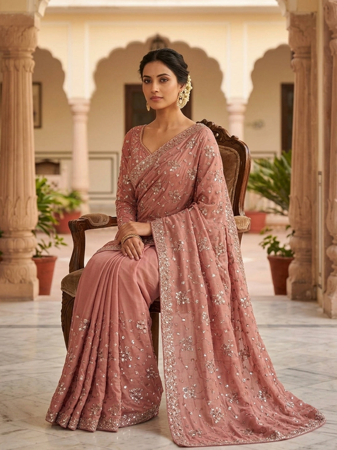 Dusty Pink Sequin Embroidered Georgette Saree with Stitched Blouse