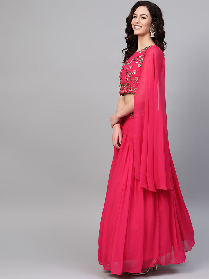 Embroidered Crop Top Lehenga with Flared Cape Style Sleeves