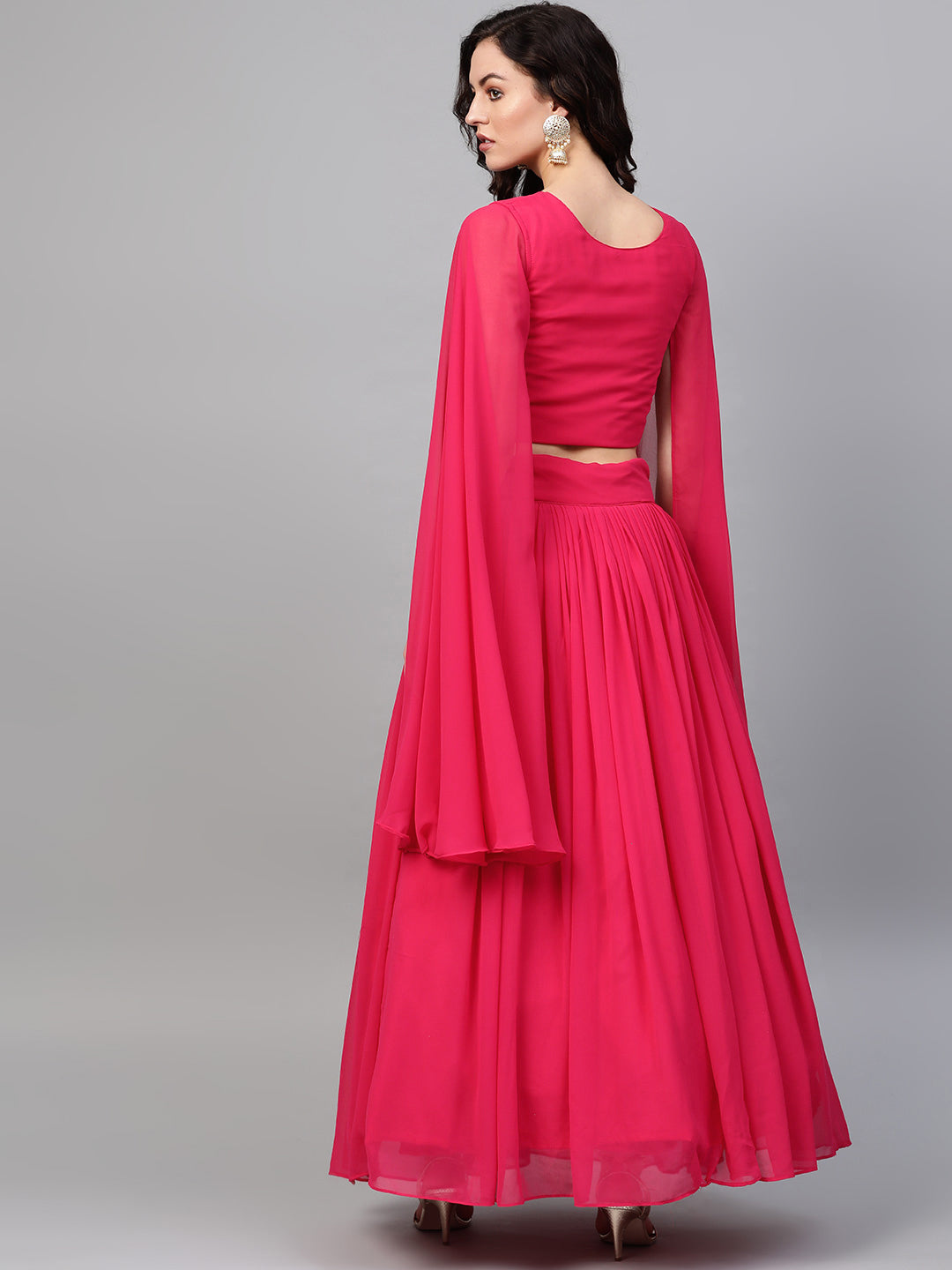 Embroidered Crop Top Lehenga with Flared Cape Style Sleeves