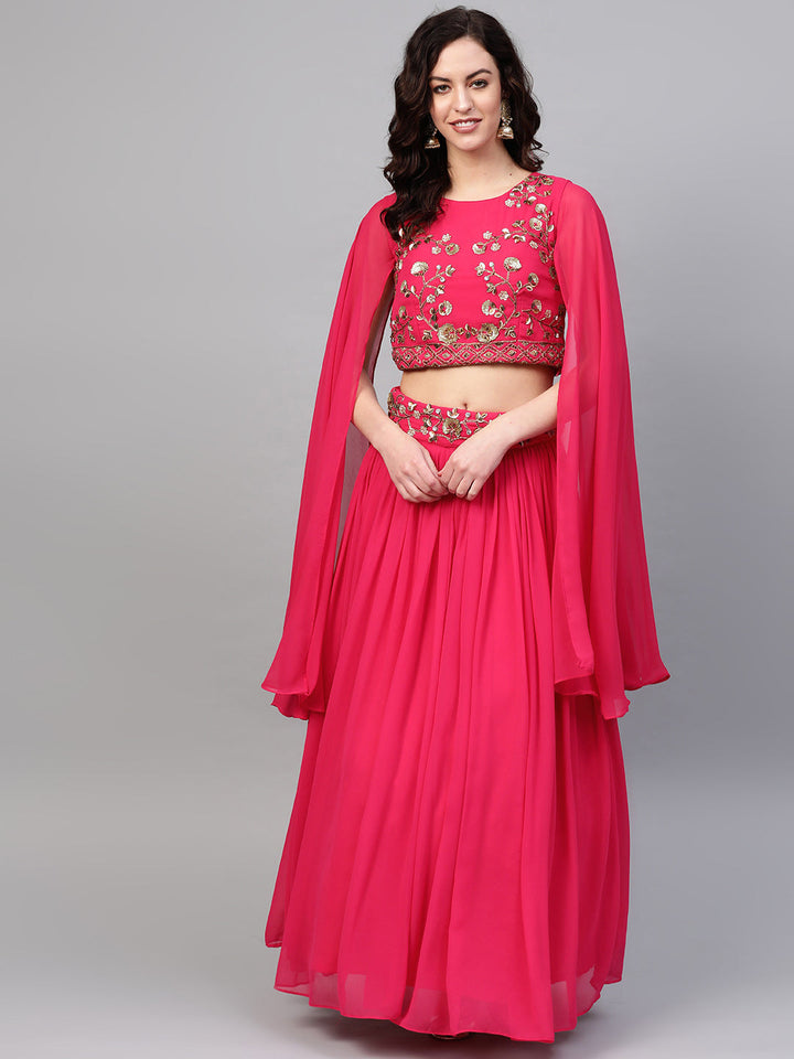 Embroidered Crop Top Lehenga with Flared Cape Style Sleeves