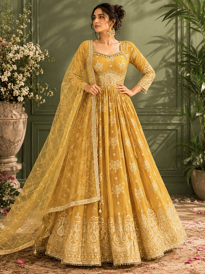 Tissue Floral Printed Anarkali Gown Set with Sequin Embroidered Dupatta & Bell Sleeves