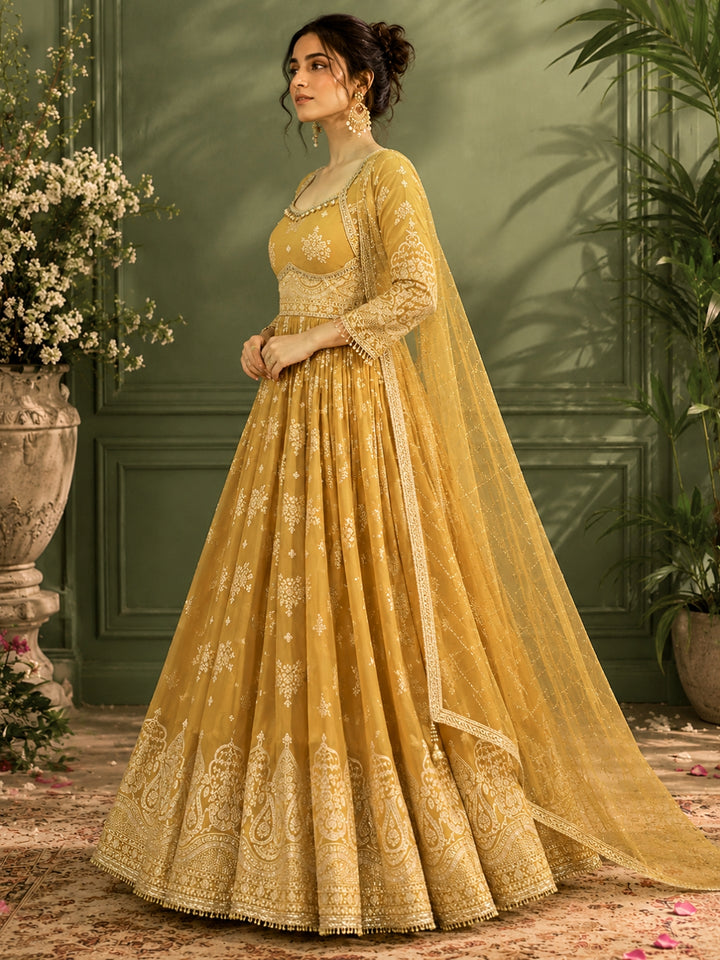 Tissue Floral Printed Anarkali Gown Set with Sequin Embroidered Dupatta & Bell Sleeves