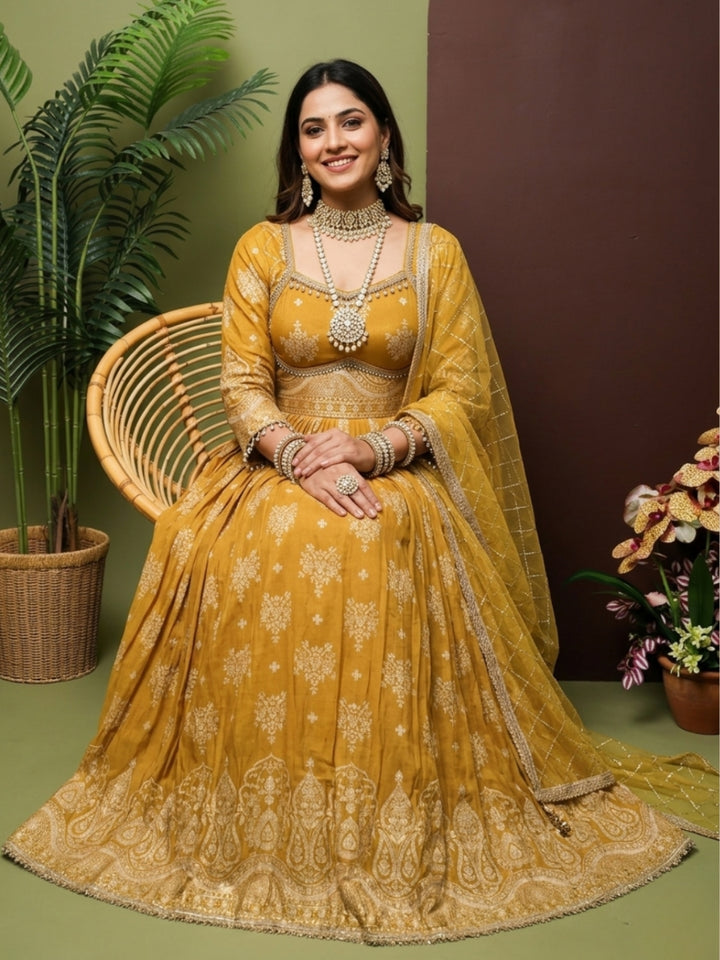Tissue Floral Printed Anarkali Gown Set with Sequin Embroidered Dupatta & Bell Sleeves