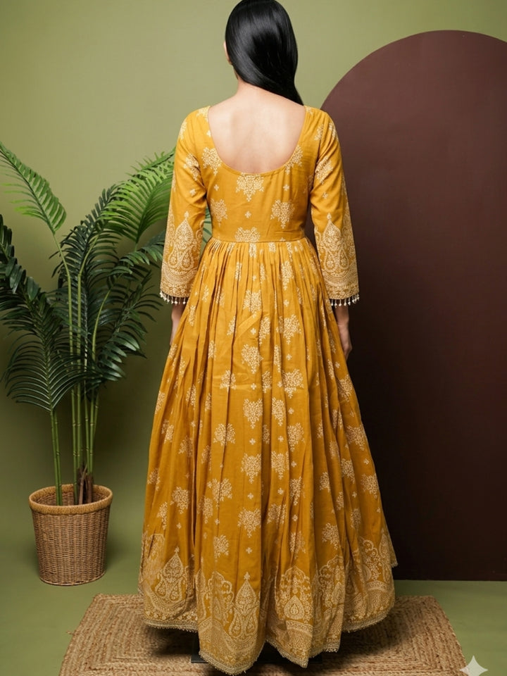 Tissue Floral Printed Anarkali Gown Set with Sequin Embroidered Dupatta & Bell Sleeves
