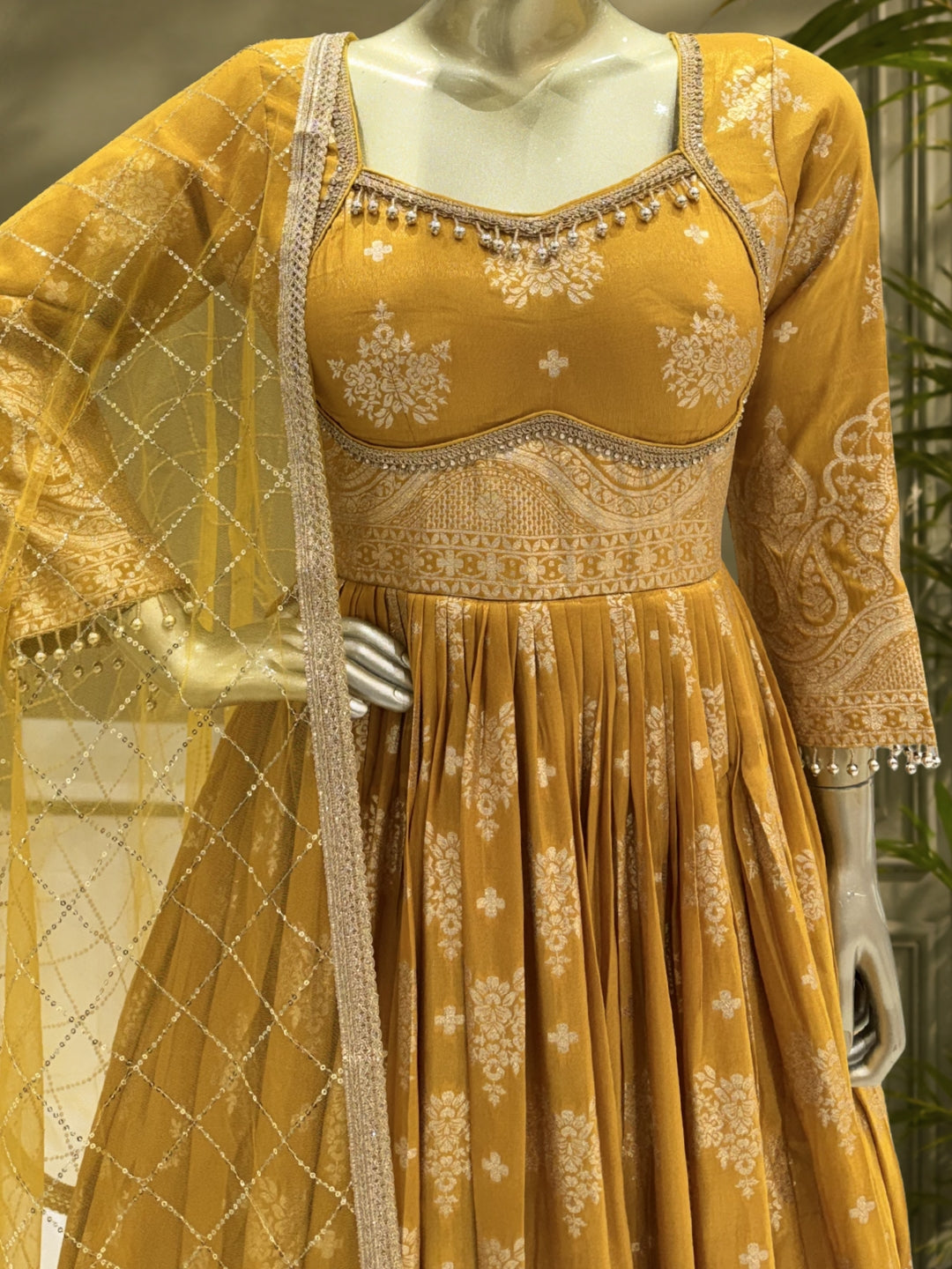Tissue Floral Printed Anarkali Gown Set with Sequin Embroidered Dupatta & Bell Sleeves