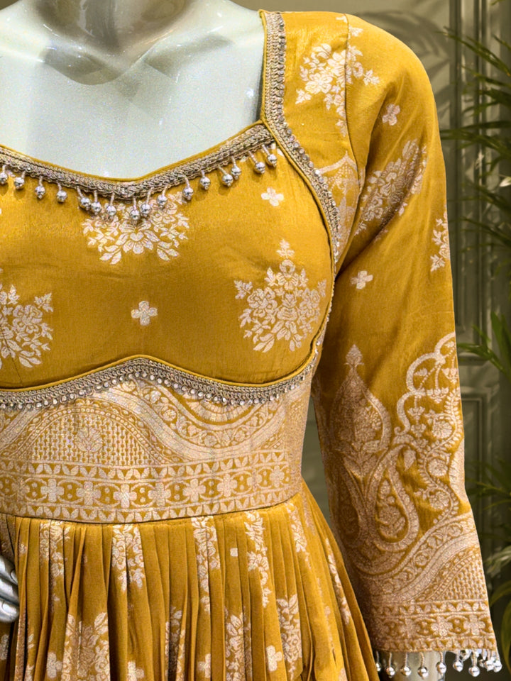 Tissue Floral Printed Anarkali Gown Set with Sequin Embroidered Dupatta & Bell Sleeves