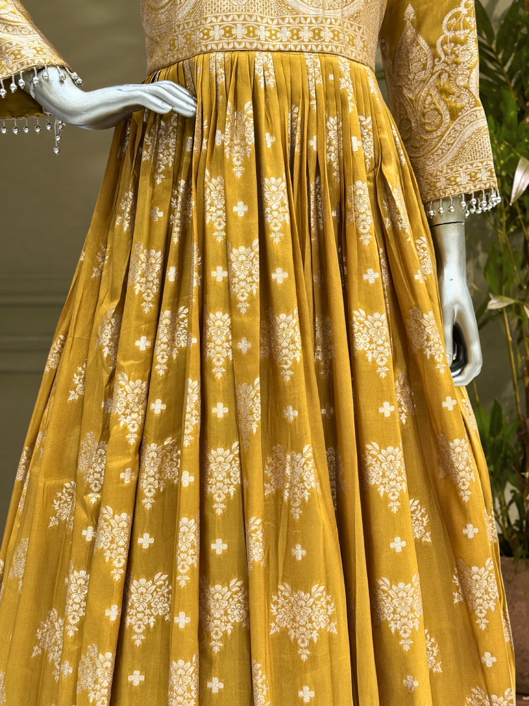 Tissue Floral Printed Anarkali Gown Set with Sequin Embroidered Dupatta & Bell Sleeves