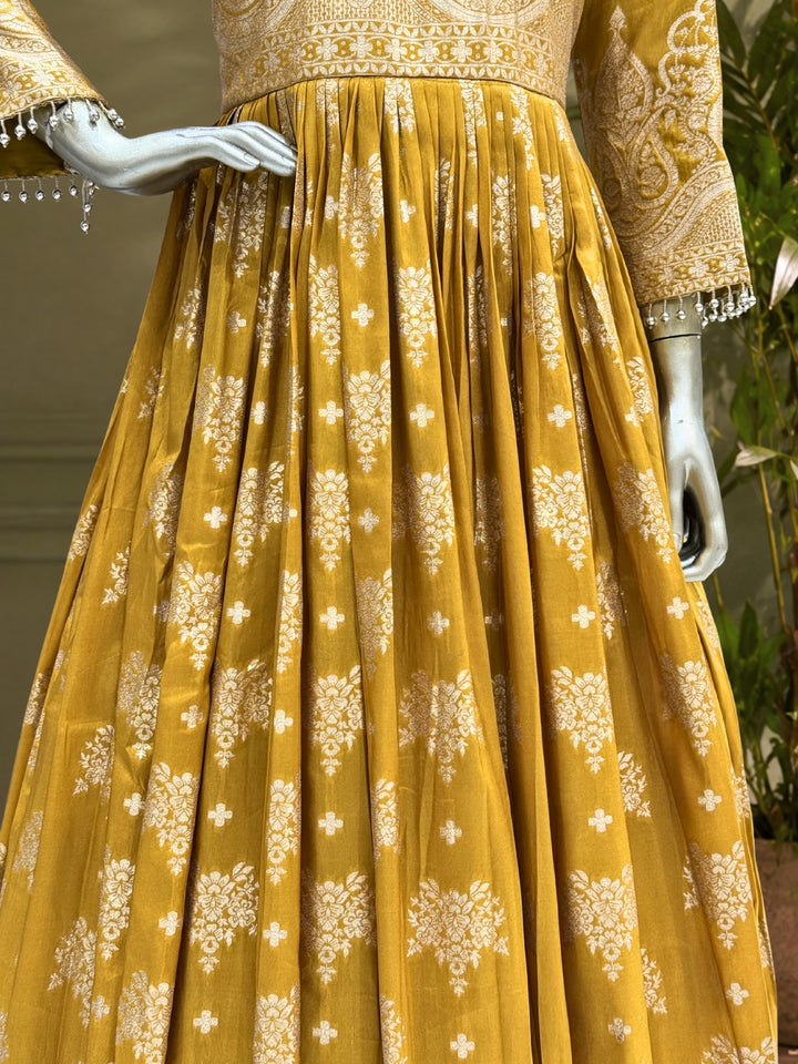 Tissue Floral Printed Anarkali Gown Set with Sequin Embroidered Dupatta & Bell Sleeves