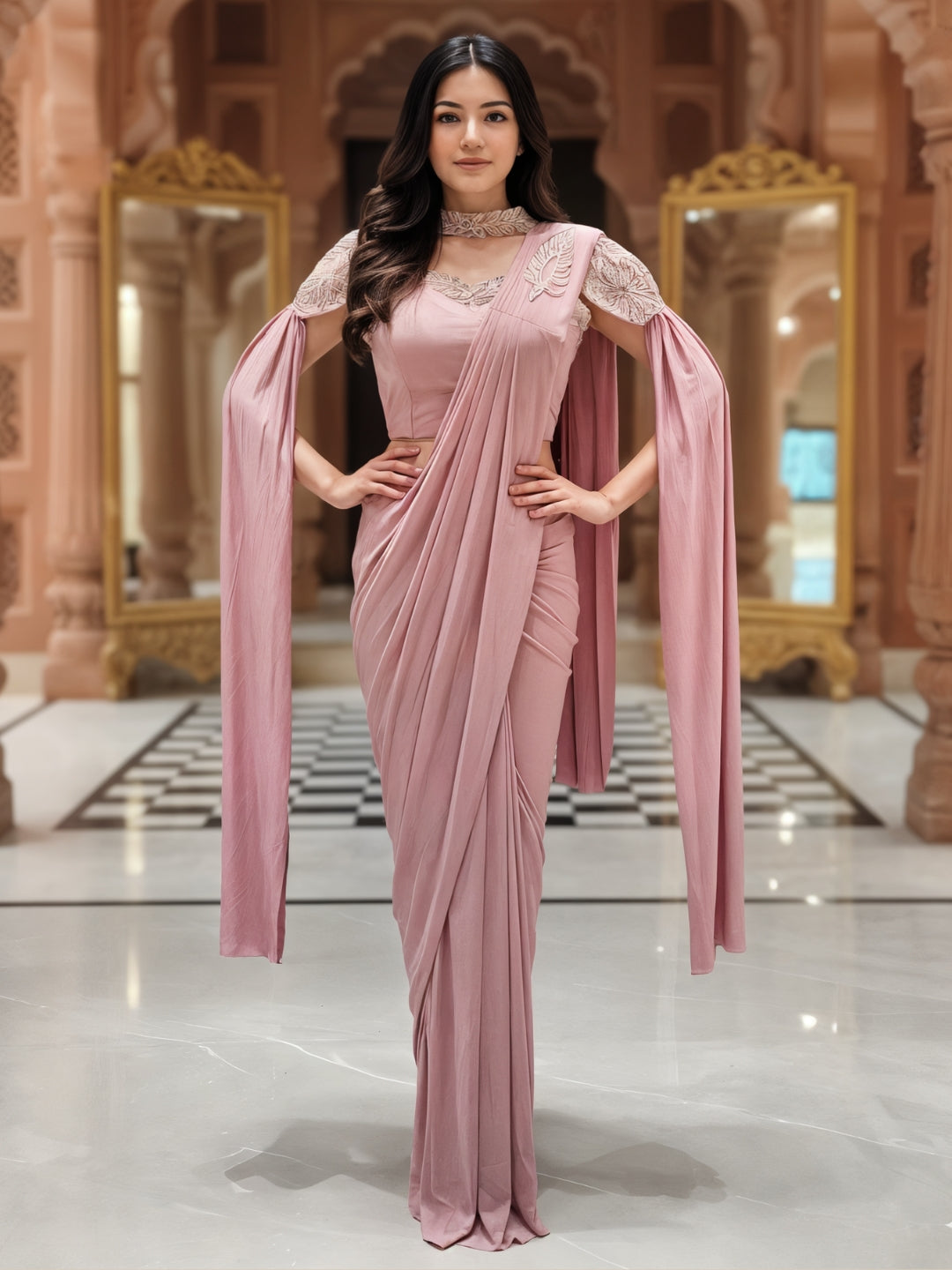 Pre-Stitched Draped Fusion Saree with Pearl Embellished Shoulder Cape Sleeves and Blouse