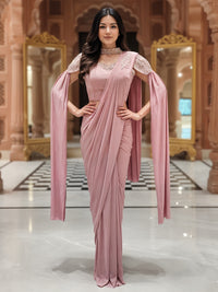 Pre-Stitched Draped Fusion Saree with Pearl Embellished Shoulder Cape Sleeves and Blouse
