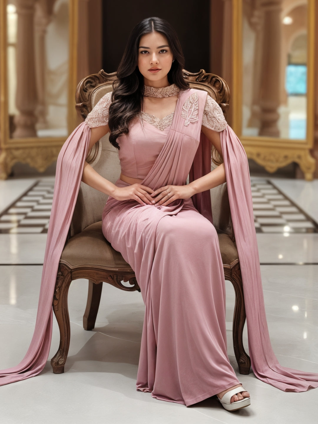 Pre-Stitched Draped Fusion Saree with Pearl Embellished Shoulder Cape Sleeves and Blouse