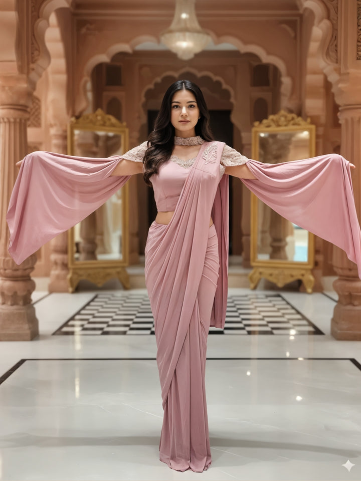 Pre-Stitched Draped Fusion Saree with Pearl Embellished Shoulder Cape Sleeves and Blouse