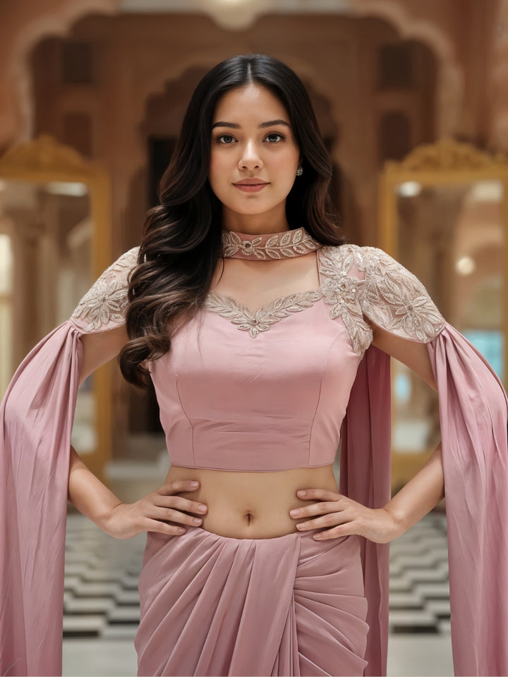 Pre-Stitched Draped Fusion Saree with Pearl Embellished Shoulder Cape Sleeves and Blouse