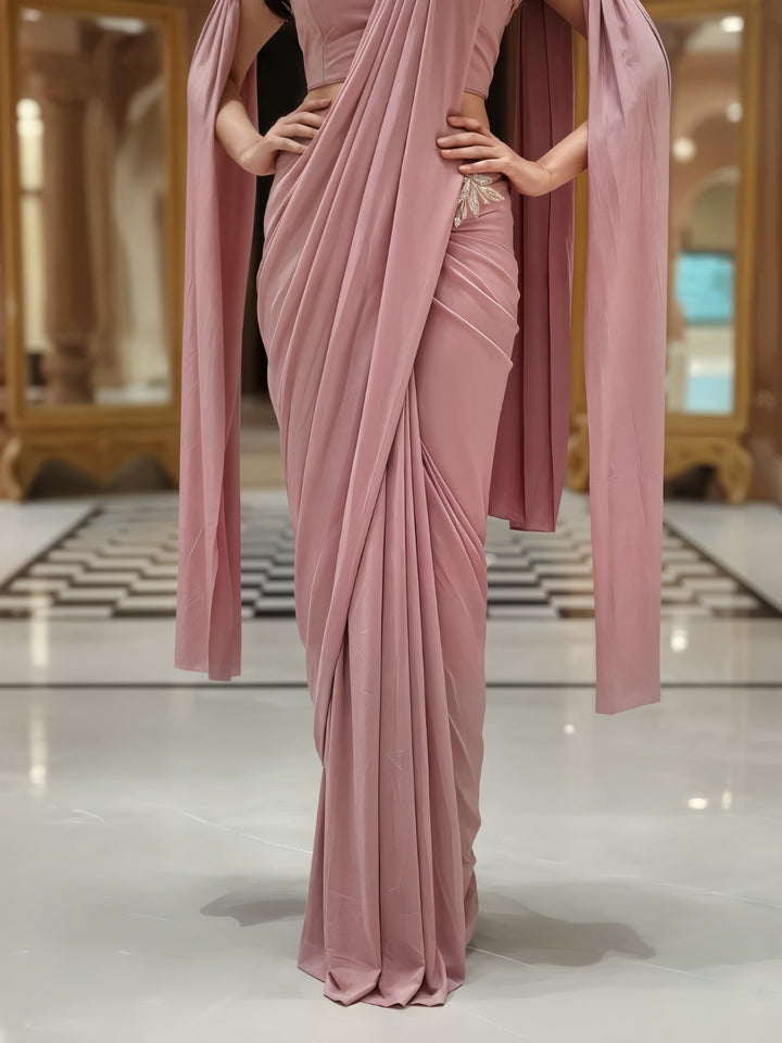 Pre-Stitched Draped Fusion Saree with Pearl Embellished Shoulder Cape Sleeves and Blouse