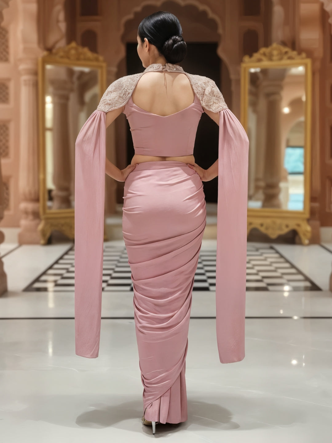 Pre-Stitched Draped Fusion Saree with Pearl Embellished Shoulder Cape Sleeves and Blouse