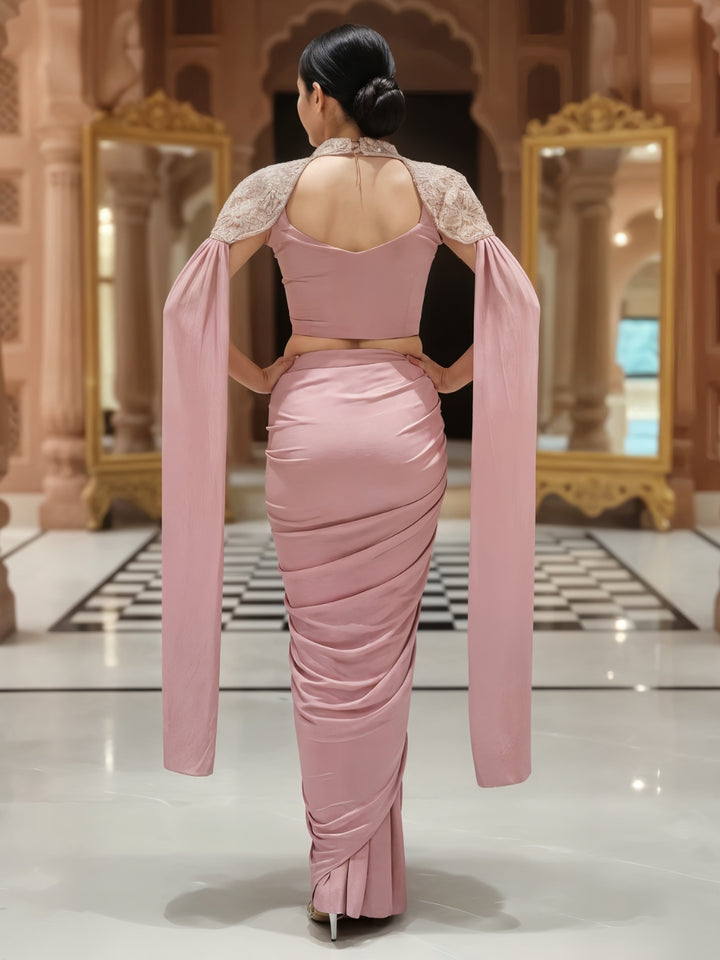 Pre-Stitched Draped Fusion Saree with Pearl Embellished Shoulder Cape Sleeves and Blouse