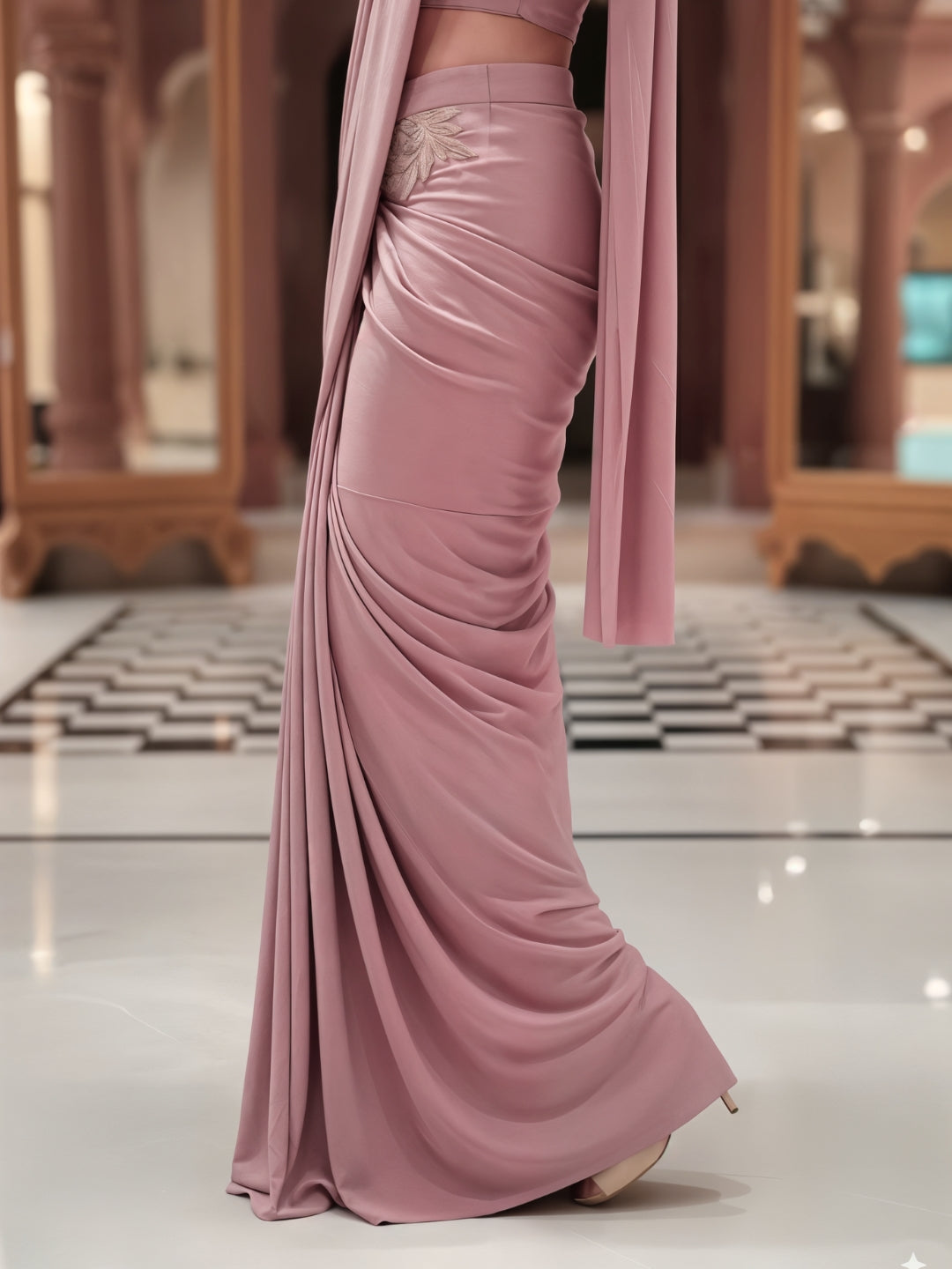 Pre-Stitched Draped Fusion Saree with Pearl Embellished Shoulder Cape Sleeves and Blouse