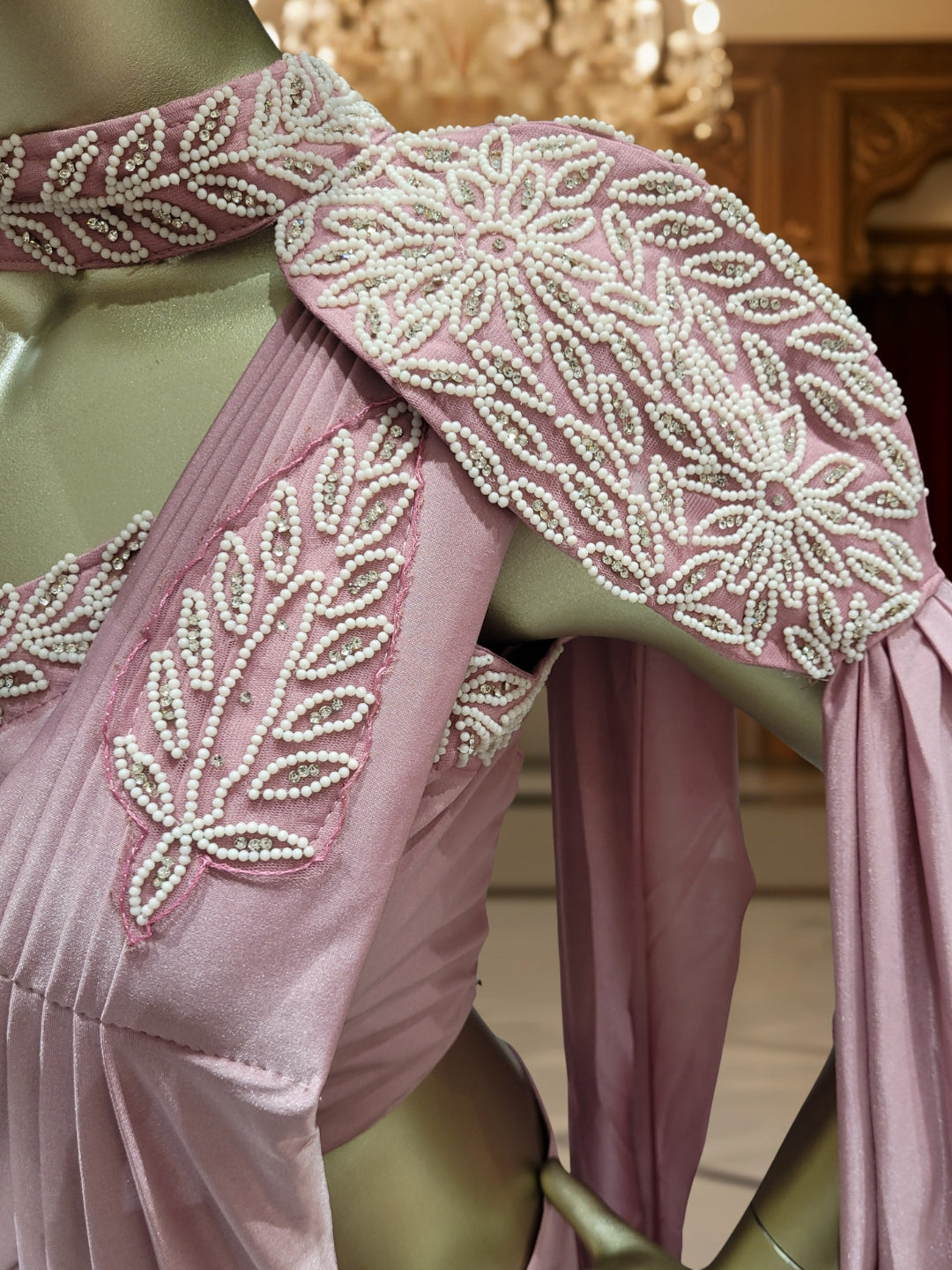 Pre-Stitched Draped Fusion Saree with Pearl Embellished Shoulder Cape Sleeves and Blouse