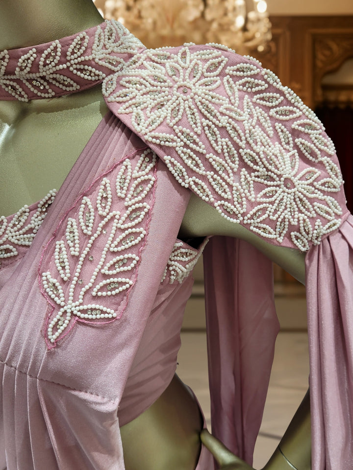 Pre-Stitched Draped Fusion Saree with Pearl Embellished Shoulder Cape Sleeves and Blouse