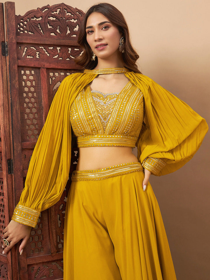 Bright Haldi Sequin Embellished Crop-Top Palazzo Set with Jasmine style Cape Sleeves
