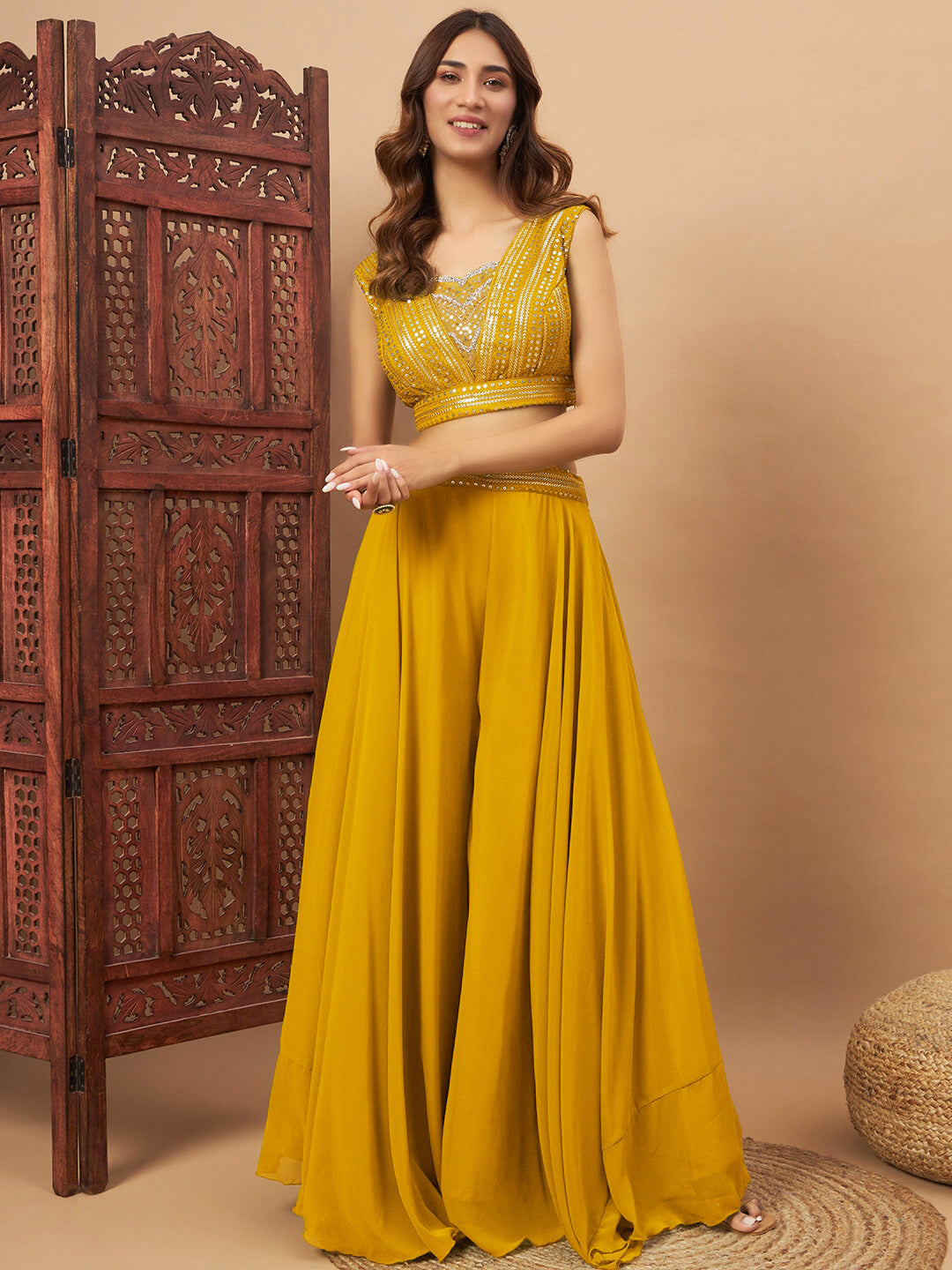 Bright Haldi Sequin Embellished Crop-Top Palazzo Set with Jasmine style Cape Sleeves