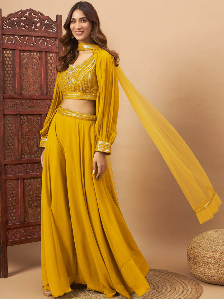 Bright Haldi Sequin Embellished Crop-Top Palazzo Set with Jasmine style Cape Sleeves