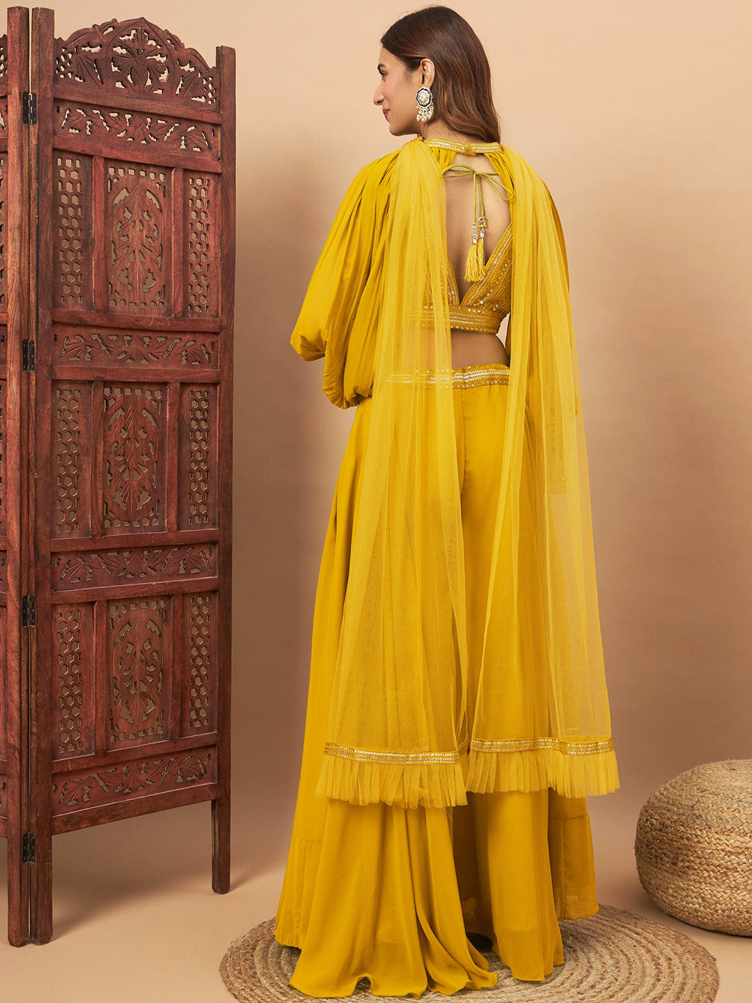 Bright Haldi Sequin Embellished Crop-Top Palazzo Set with Jasmine style Cape Sleeves