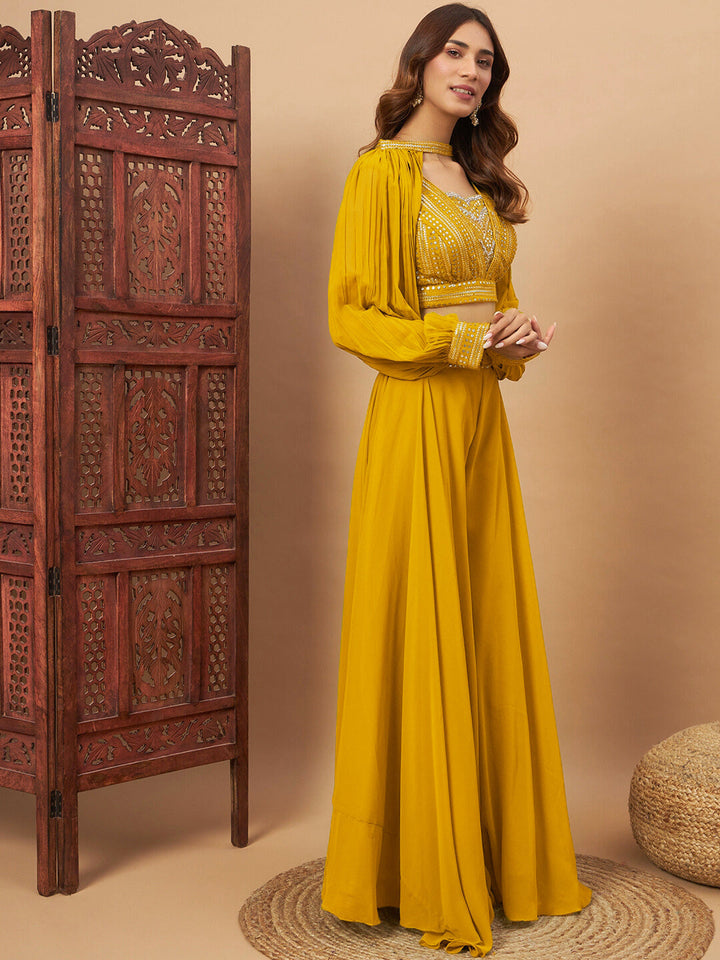 Bright Haldi Sequin Embellished Crop-Top Palazzo Set with Jasmine style Cape Sleeves