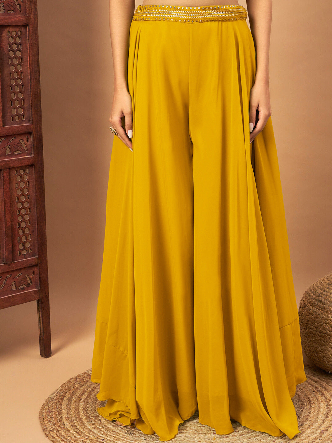 Bright Haldi Sequin Embellished Crop-Top Palazzo Set with Jasmine style Cape Sleeves