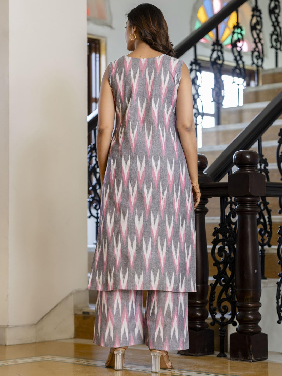 Ikat Print & Mirror Embellished Bhagalpuri Cotton Kurta Set with Chevron pant