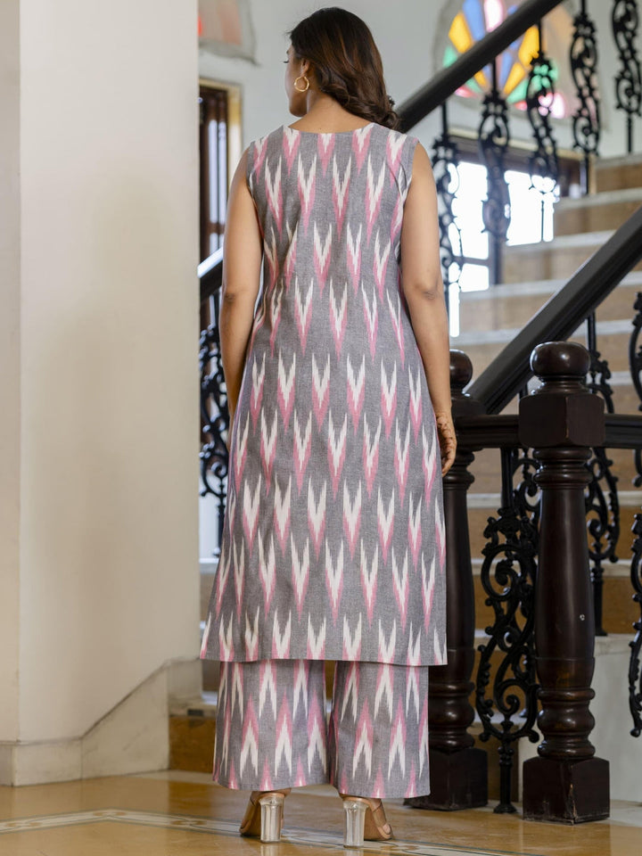 Ikat Print & Mirror Embellished Bhagalpuri Cotton Kurta Set with Chevron pant