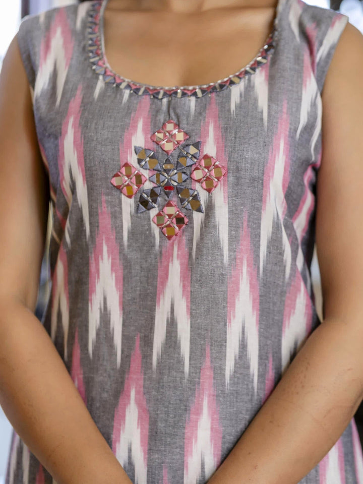 Ikat Print & Mirror Embellished Bhagalpuri Cotton Kurta Set with Chevron pant