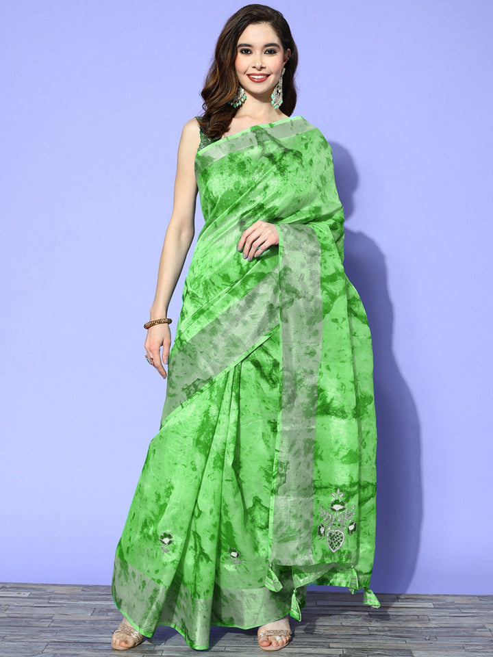 Green Tie & Dye Prints & Gota Patti, Resham Embroidered Saree