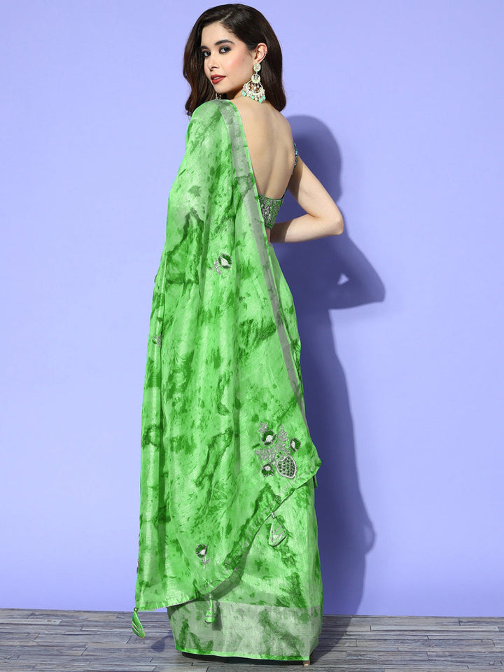 Green Tie & Dye Prints & Gota Patti, Resham Embroidered Saree
