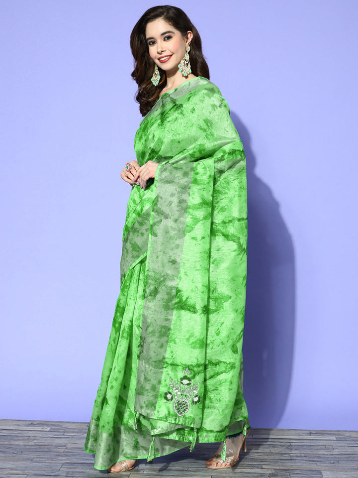 Green Tie & Dye Printed saree with Zari Border & Gota-Patti Embroidery